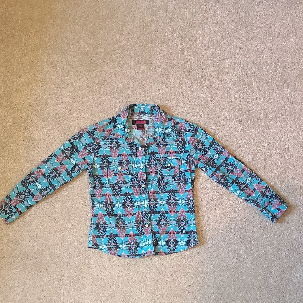 Rock & Roll Cowgirl Turquoise and Pink Button Down Shirt